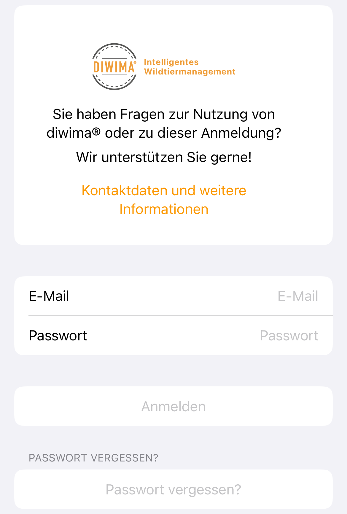 Anmeldemaske der Diwima-App mit Feldern für E-Mail und Passwort, einem inaktiven Button „Anmelden“ sowie einem Hinweisbereich mit Logo und Link zu Kontaktinformationen bei Fragen zur Anmeldung.