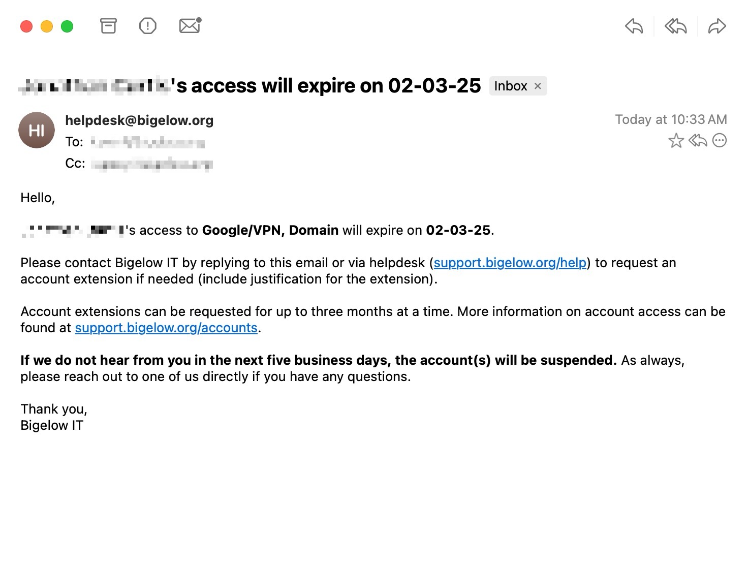 Email from helpdesk explaining that the users account will expire soon.