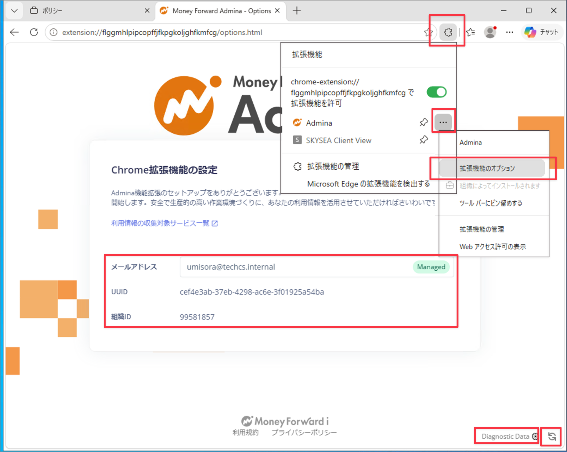 Edge: 拡張機能オプションページでの確認