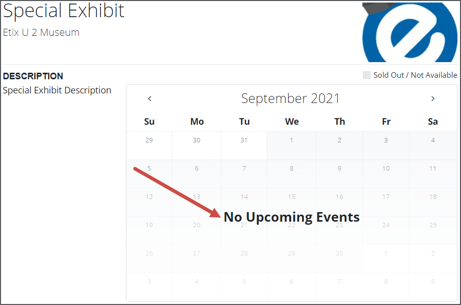Timed Entry Link with "No Upcoming Events" depicted on the calendar.