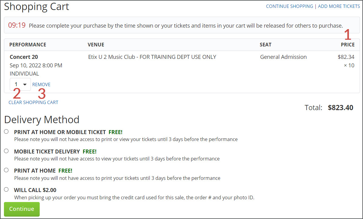 Delivery Method Page - more than 10 tickets carted.
