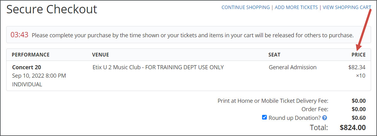 Billing Page - more than 10 tickets carted.