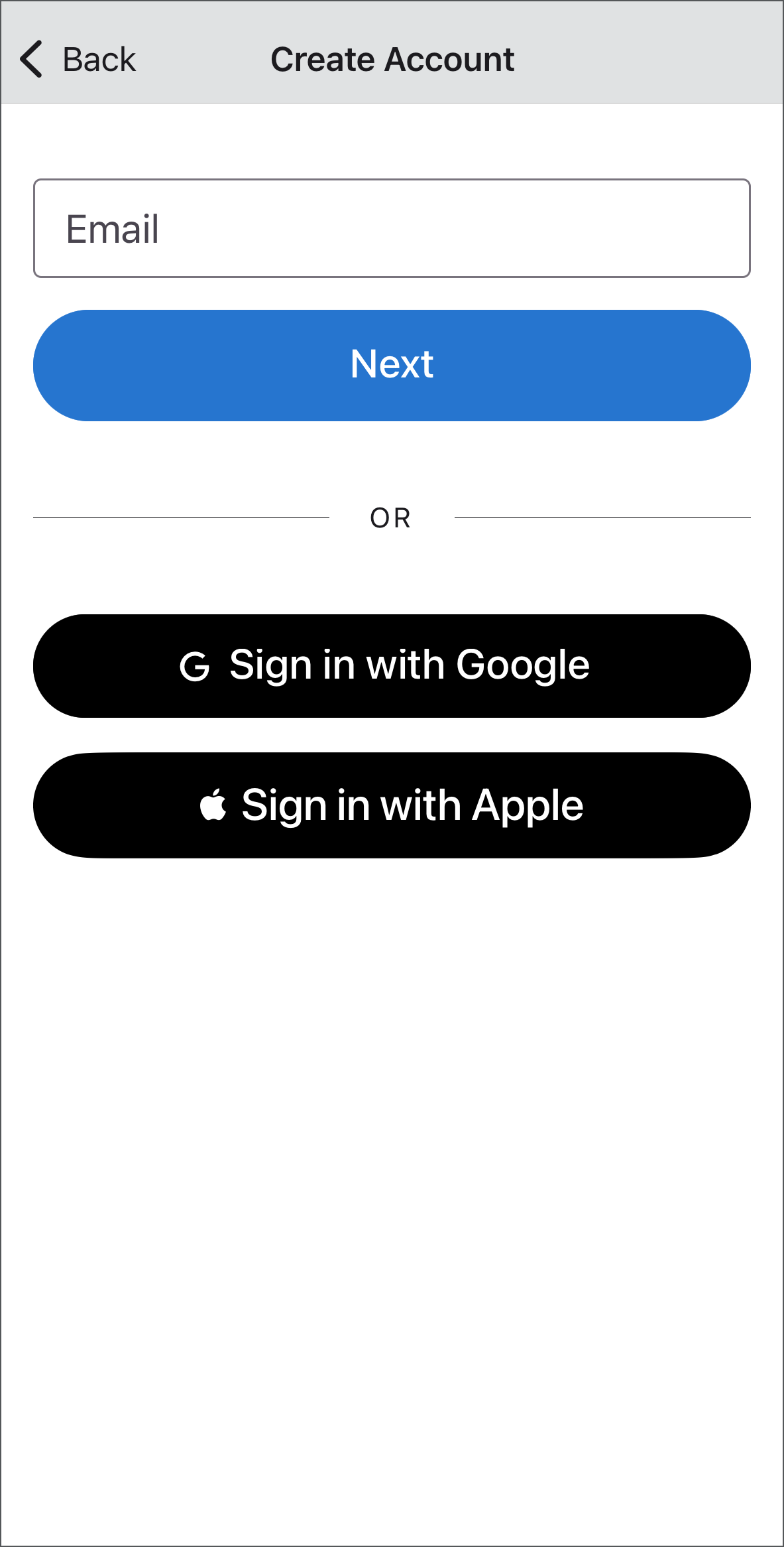 Select to create an account by entering your email address or Sign in with Google or Apple.