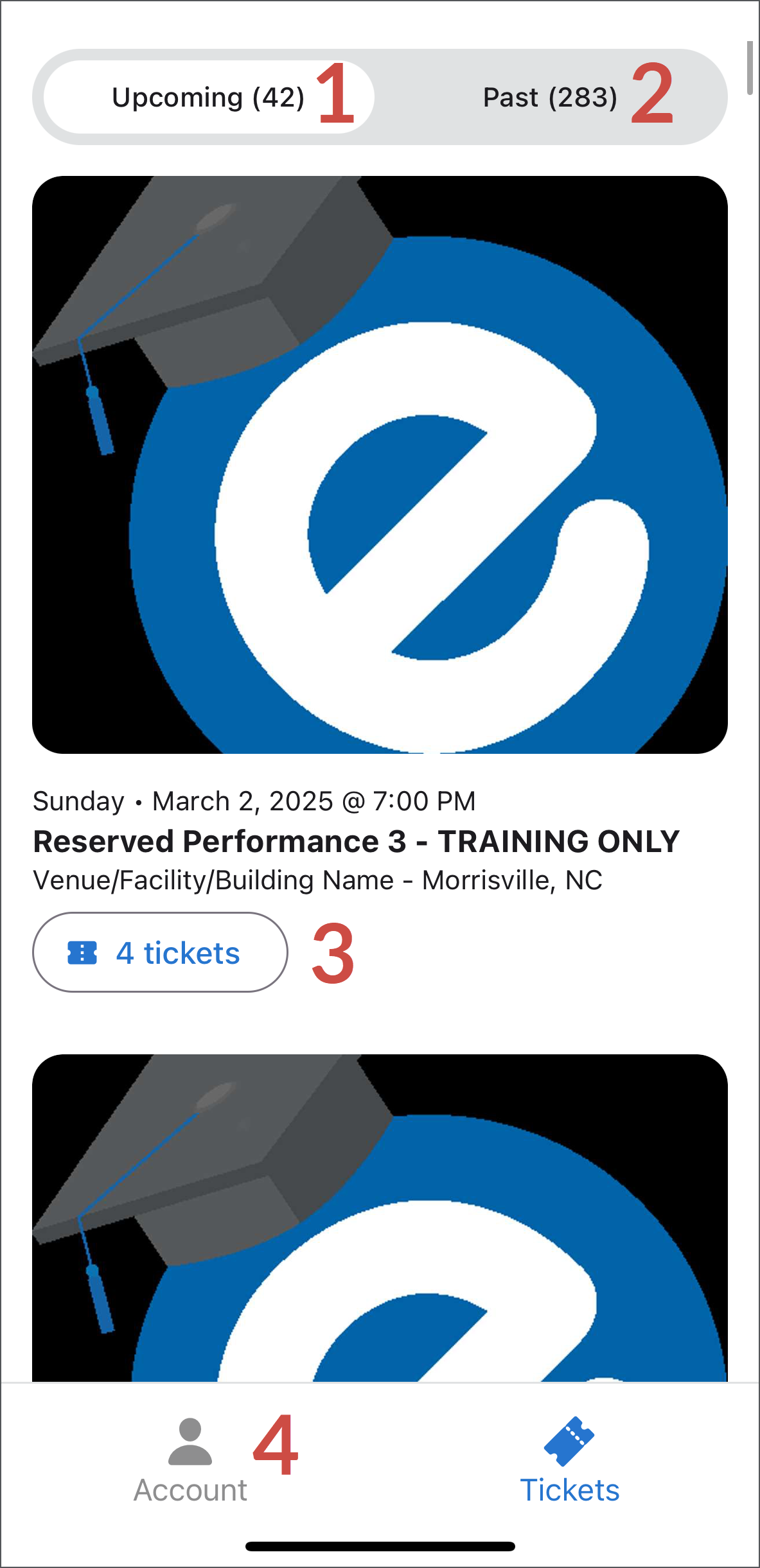 Upcoming Performances display that were purchased with the email address used to login. Select to view Past Performances. Click to view tickets. Click to view Account details or Sign Out.