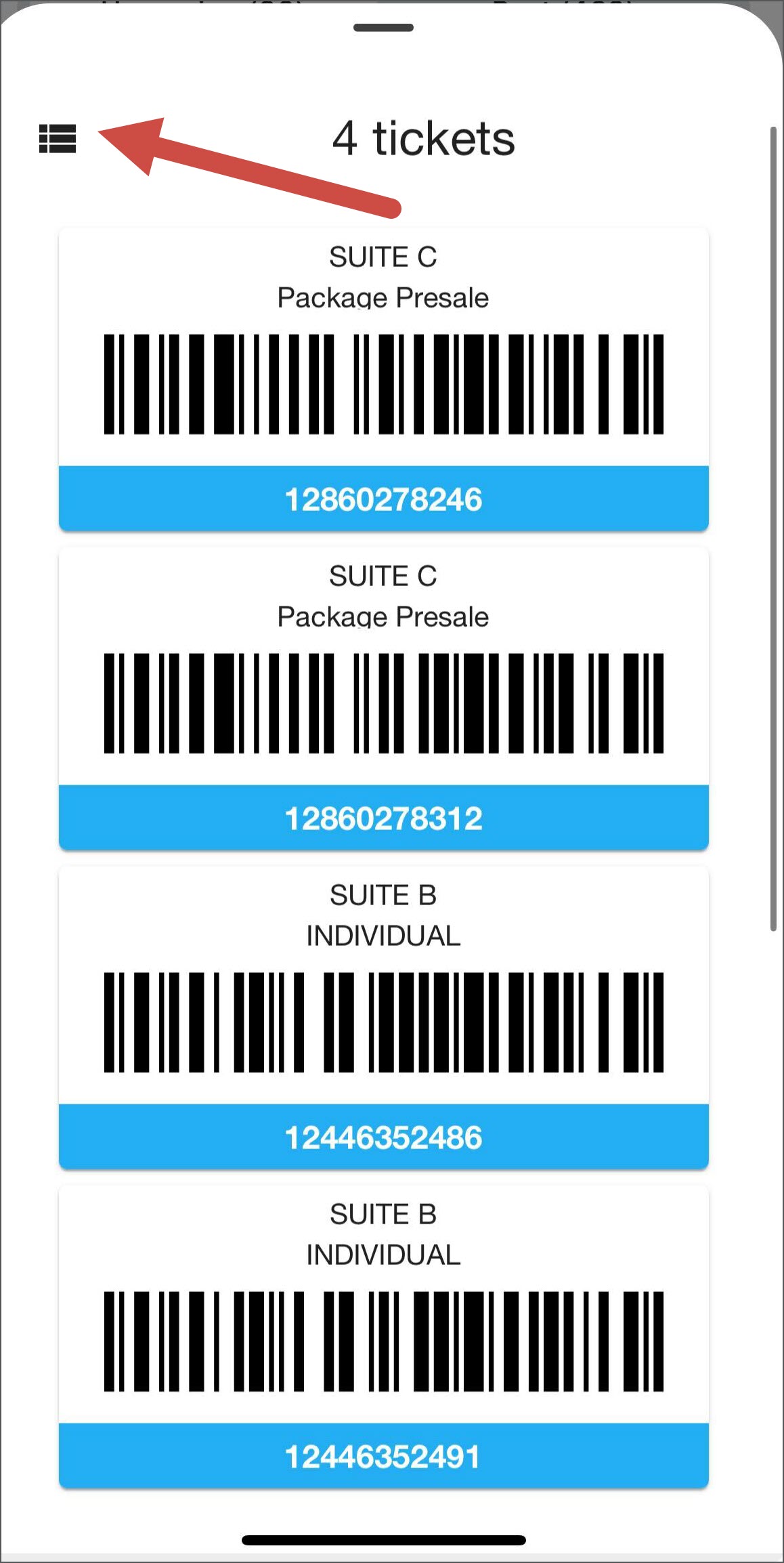 Stacked View stacks the barcodes of all the tickets in the order for quick and easy scanning. Click to return to view Single Tickets.