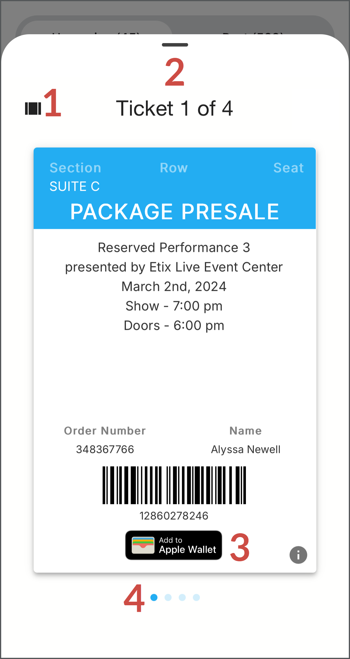 Click to display a Stacked View of all tickets purchased. Displays the number of tickets in the order. Click to Add Tickets To Apple or Google Wallet. Swipe the screen from right to left to display the next ticket in the order.