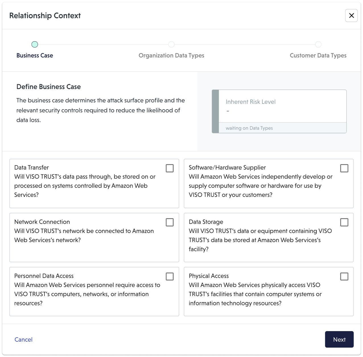 This context pop up displays the business case options