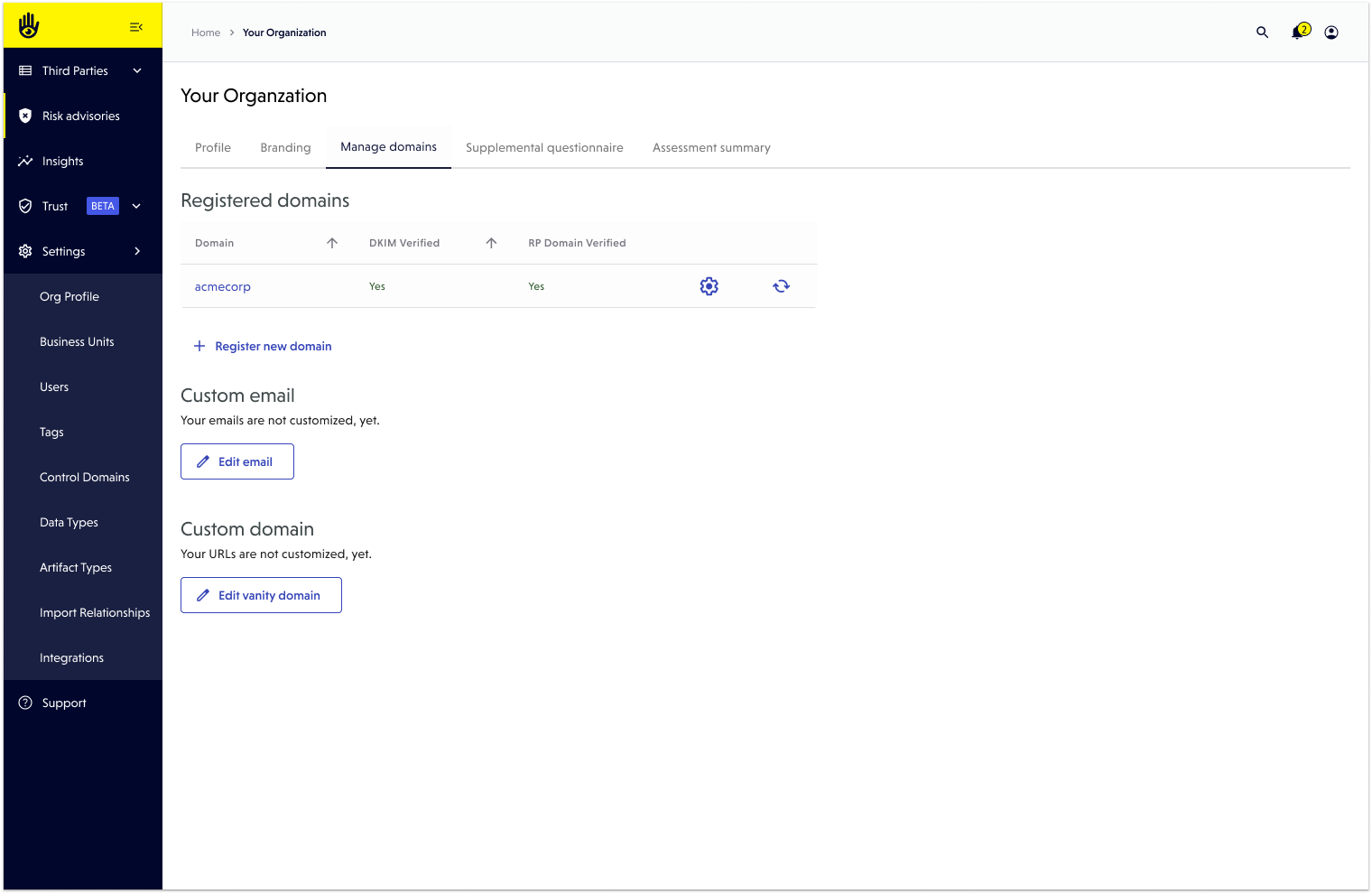 An example of the domain verification page after domains have been verified.