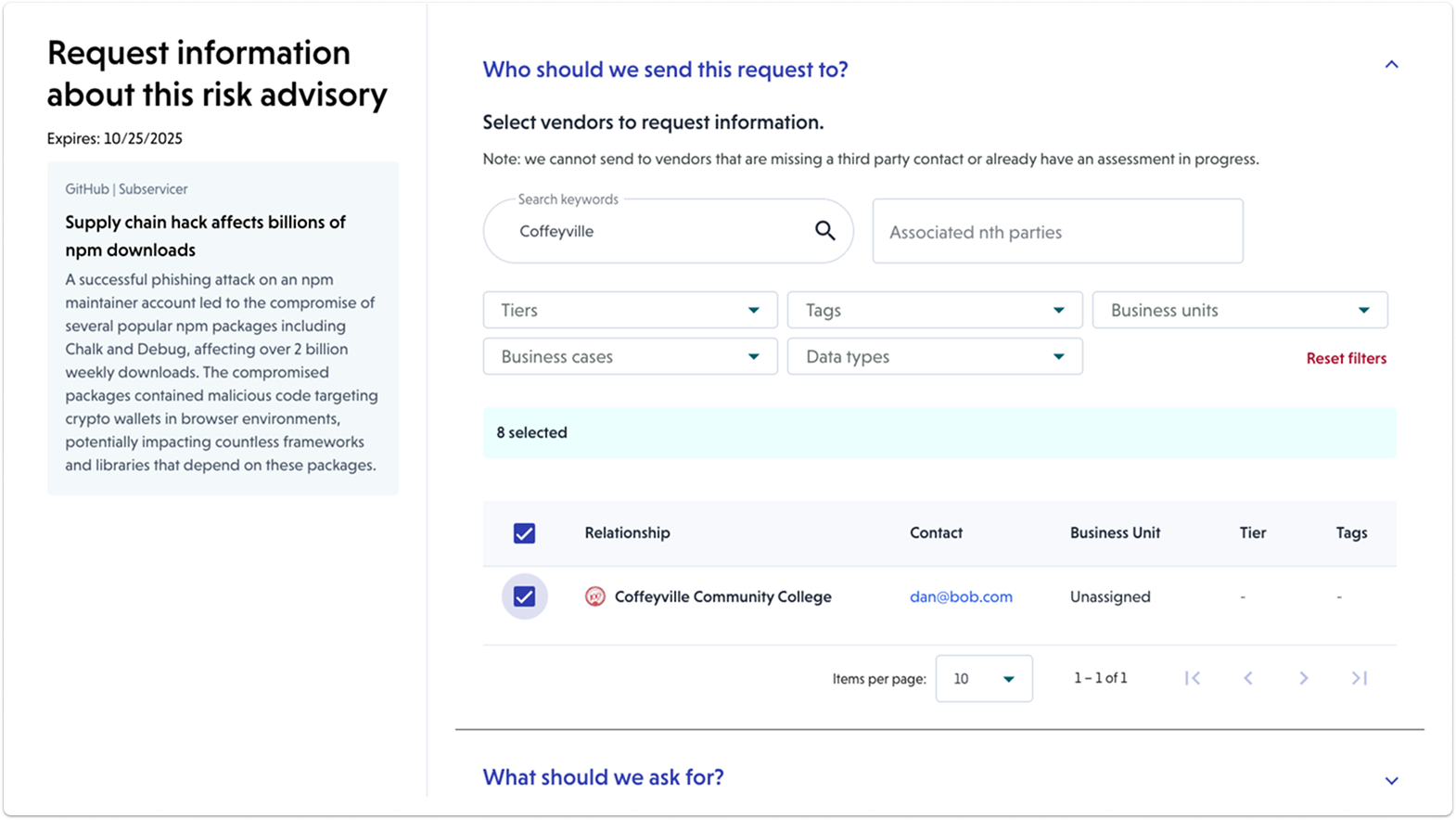 A screenshot of the request for information modal
