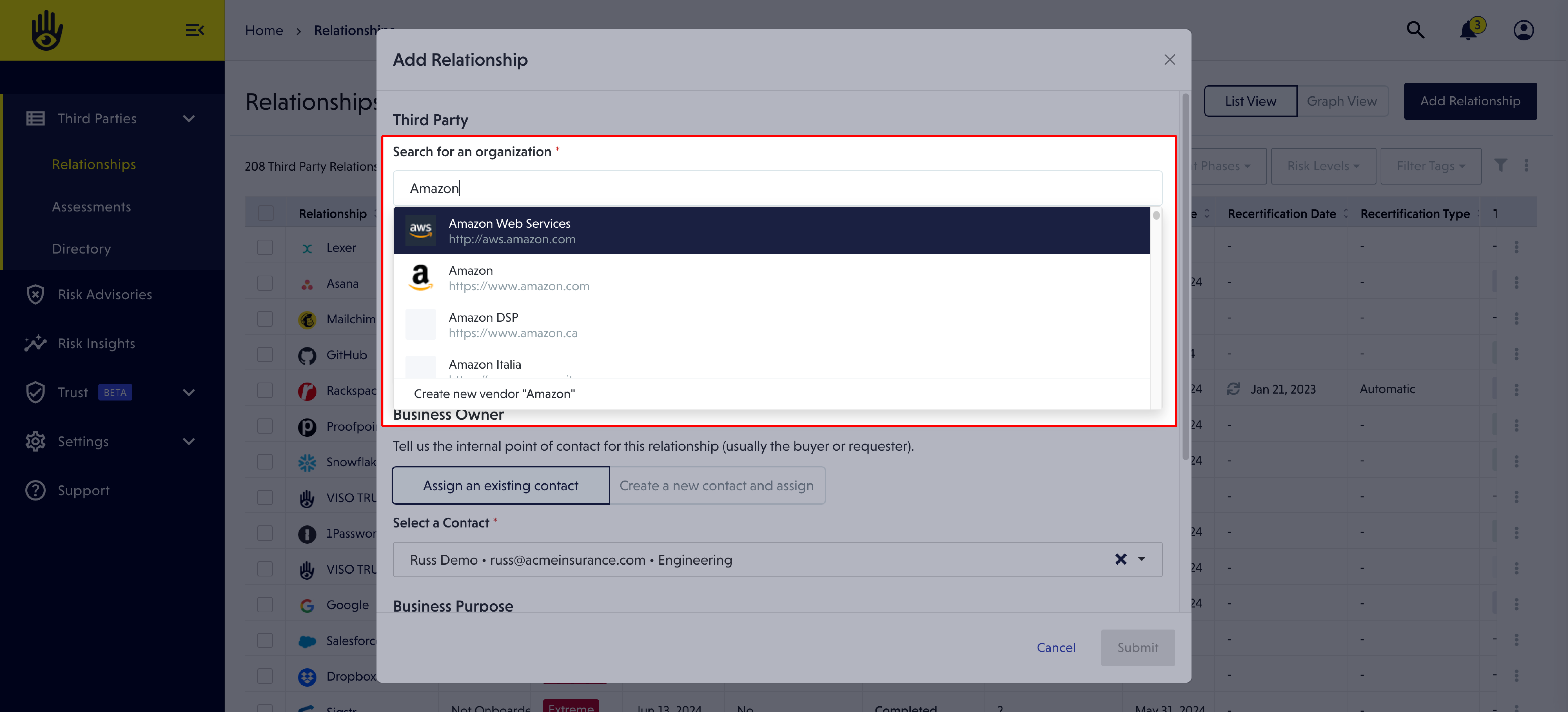 The modal to add a relationship offers a drop down to search for or add a vendor.