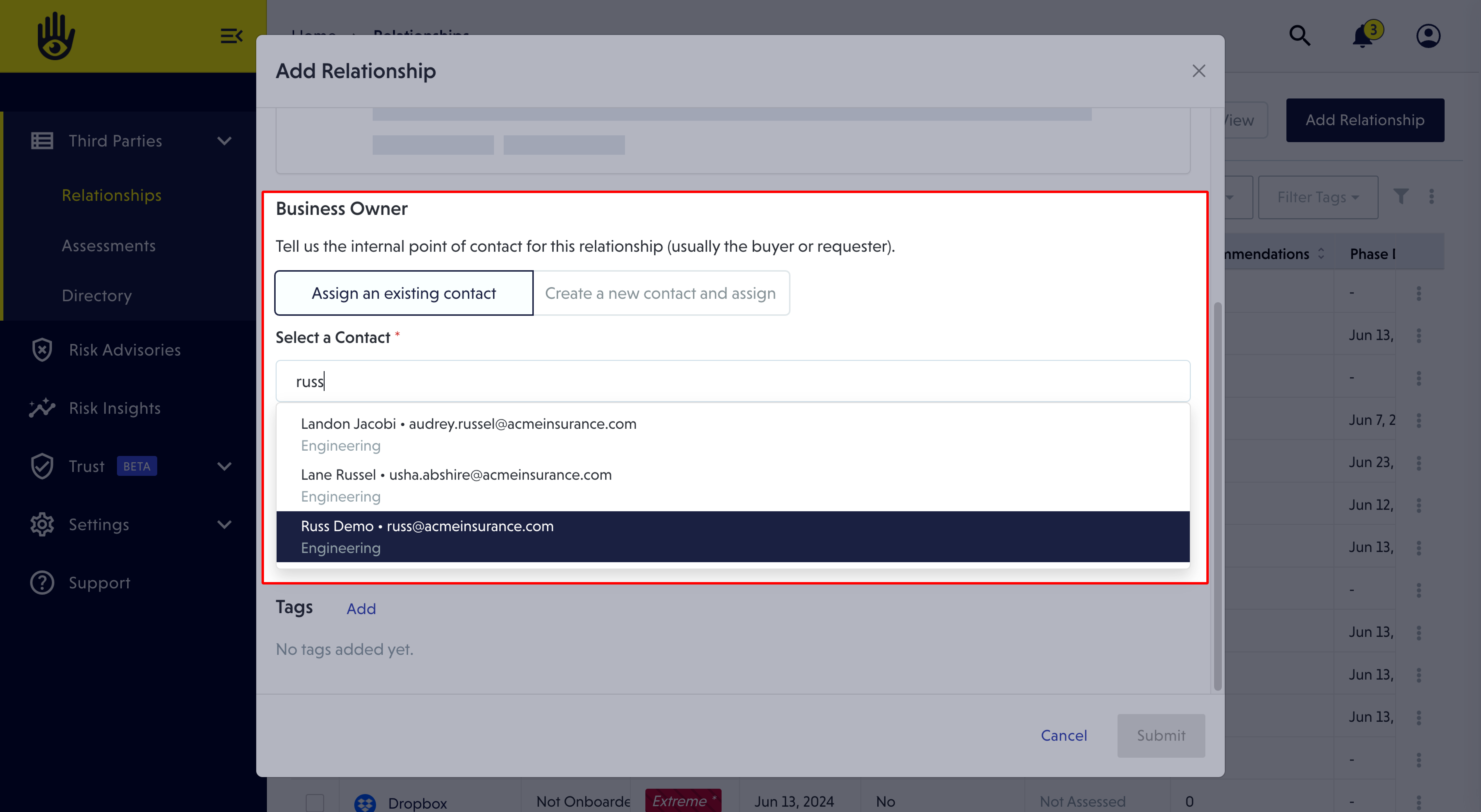 The add relationship modal features a drop down to select team members as the business owner.