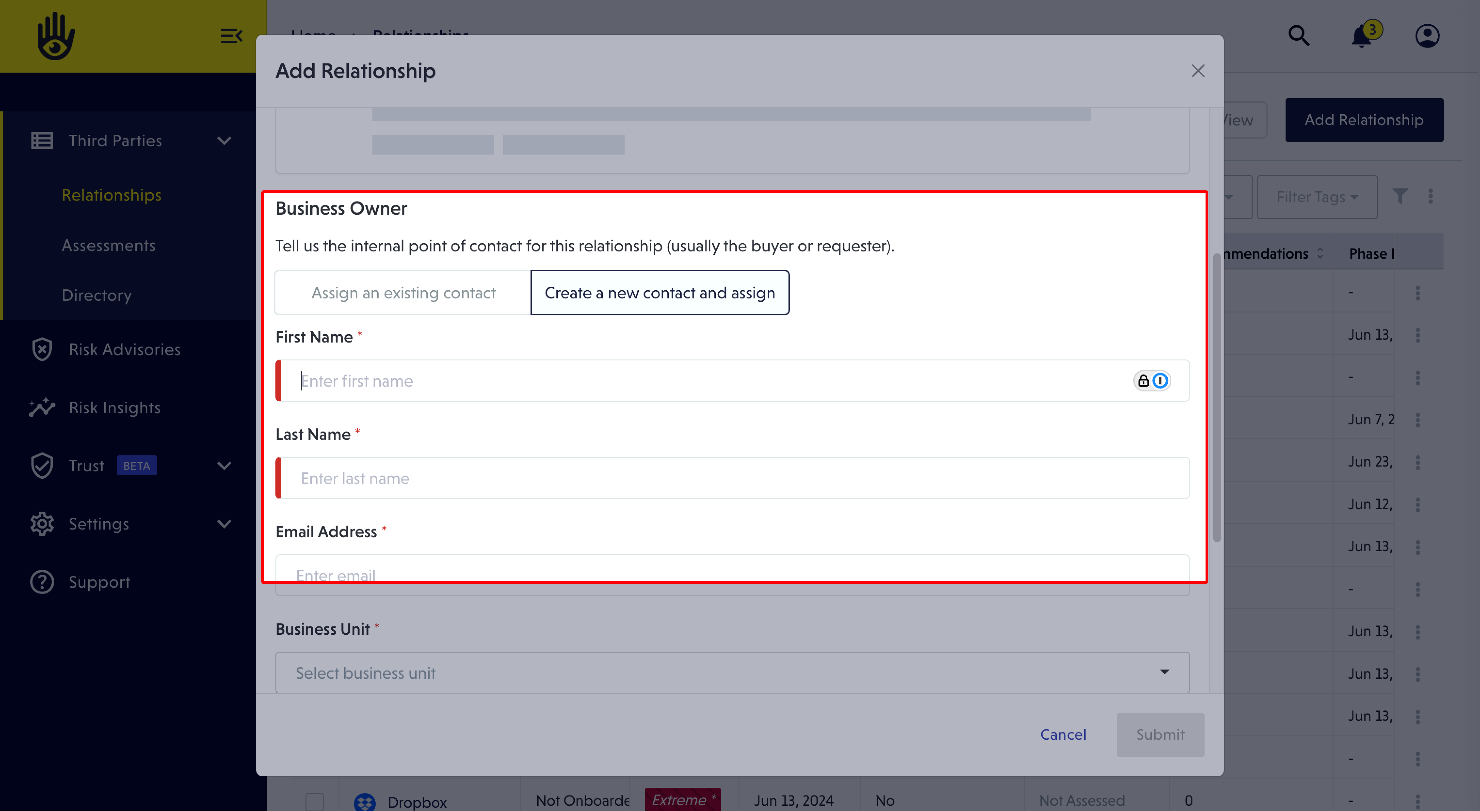 The add relationship modal features a toggle to add a new contact to serve as business owner.