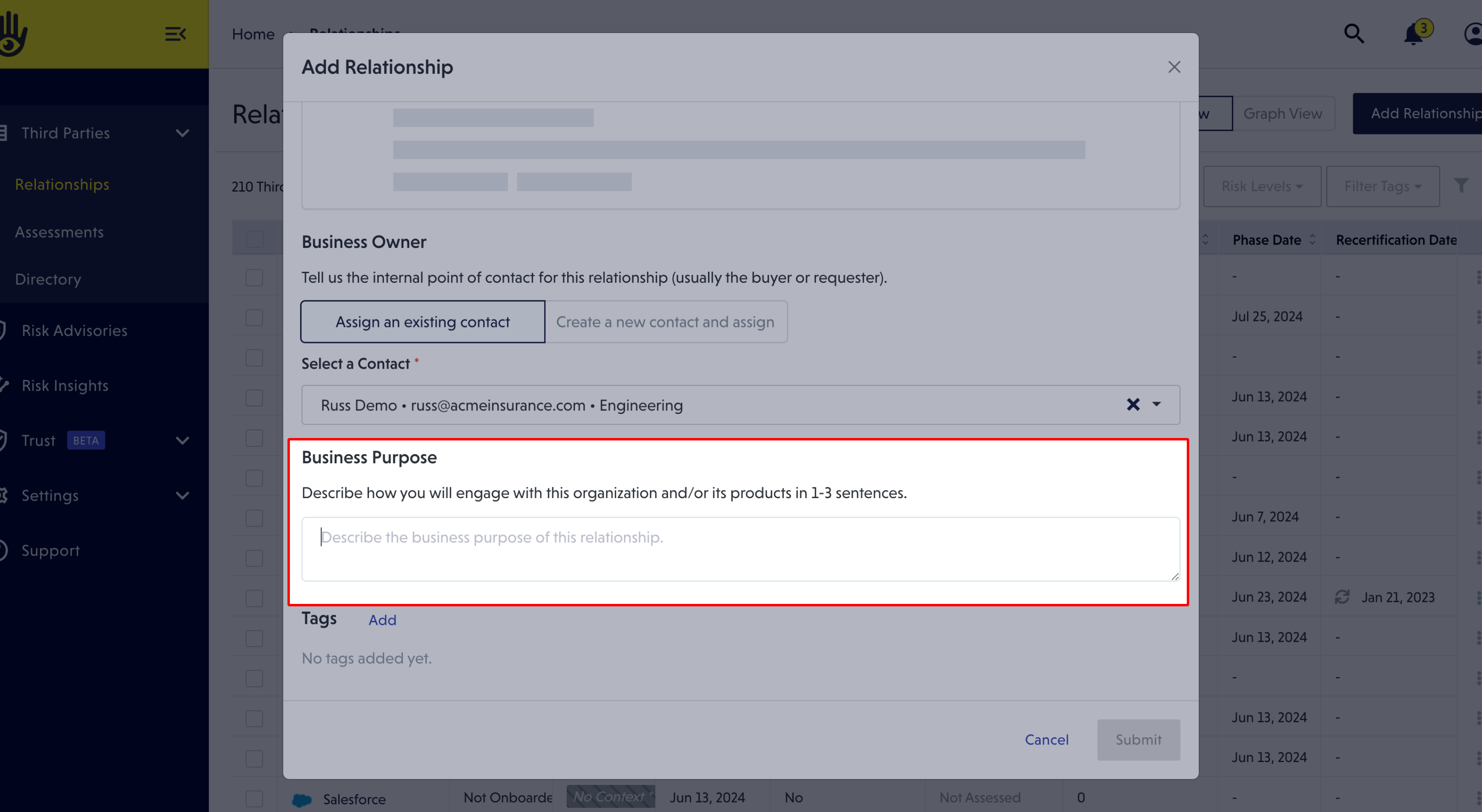 A screenshot demonstrates the "business purpose" field, which allows you to briefly describe the scope of the relationship.