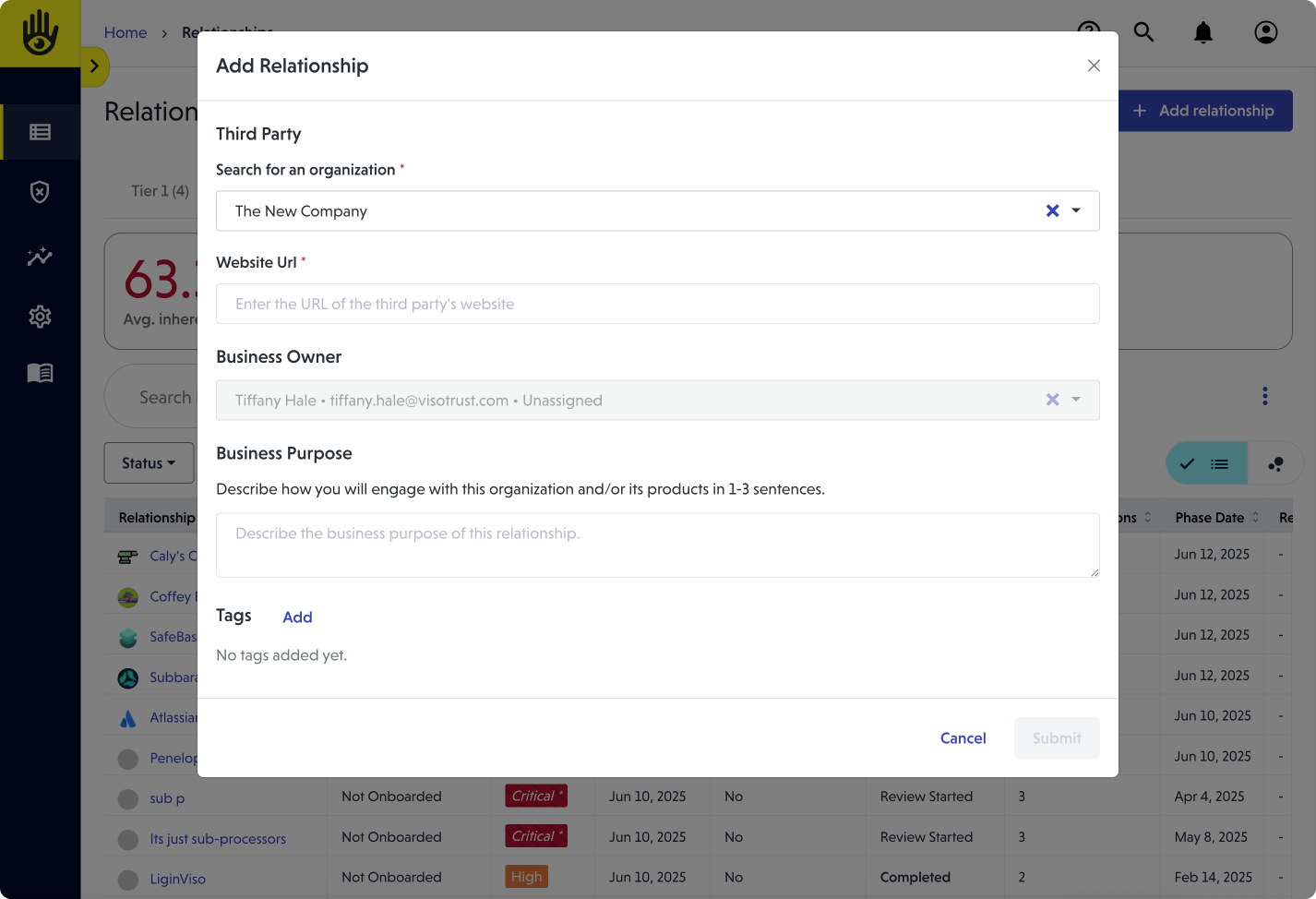 The modal to add a relationship offers a drop down to search for or add a vendor.