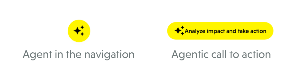 Two examples of agentic buttons from the UI, both of which have bright yellow coloring and sparkle iconography to indicate agentic actions.