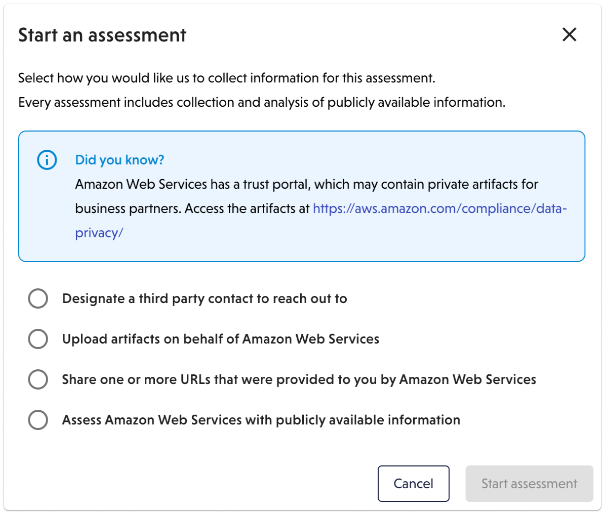 The start assessment modal has options.