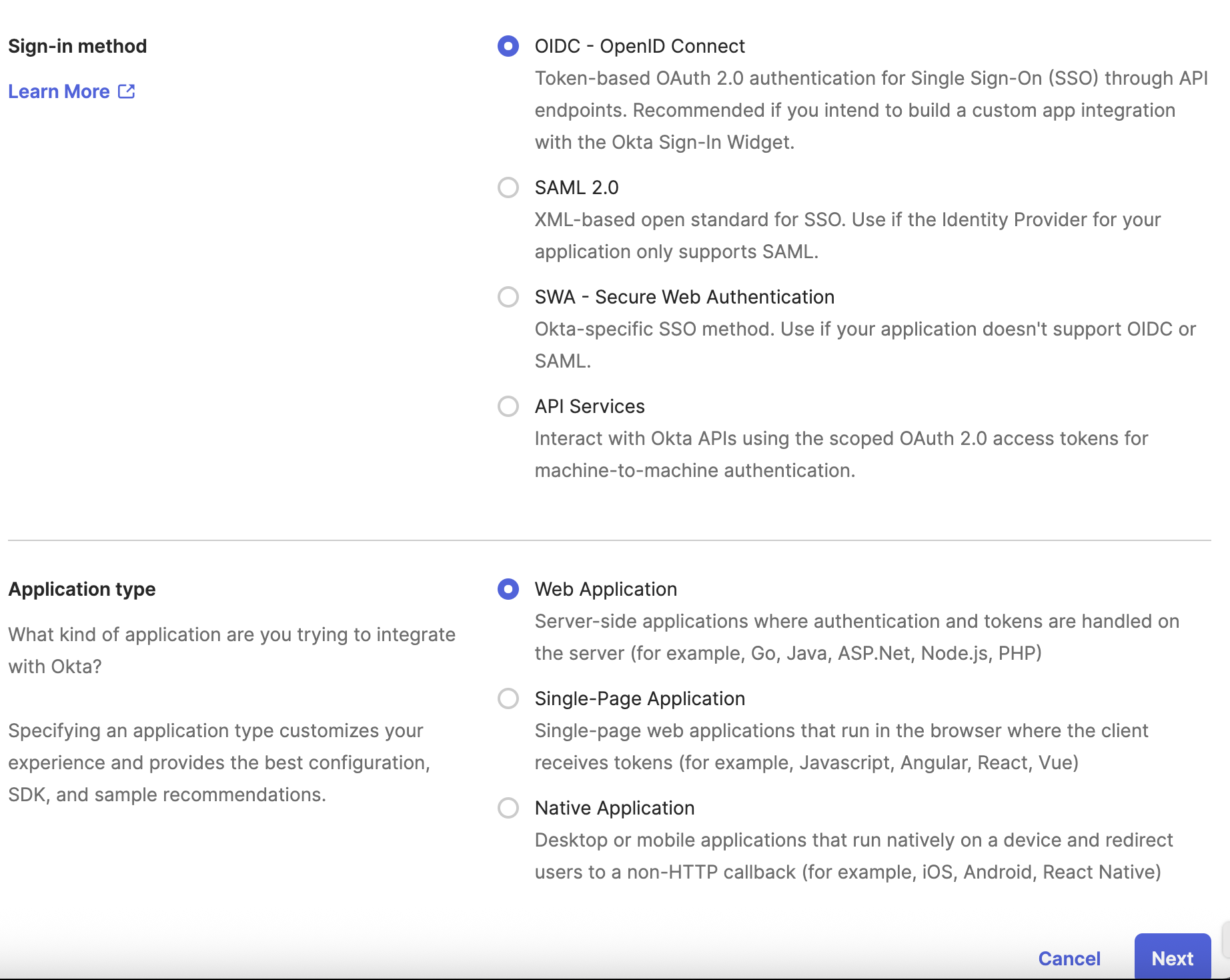 Okta app type selection