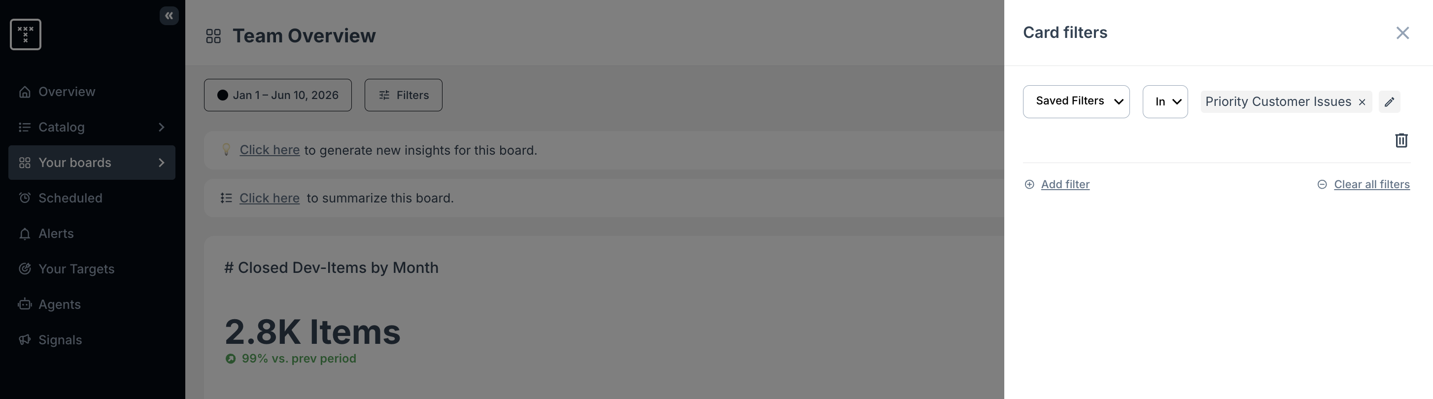 'Priority Customer Issues' filter applied to a card.