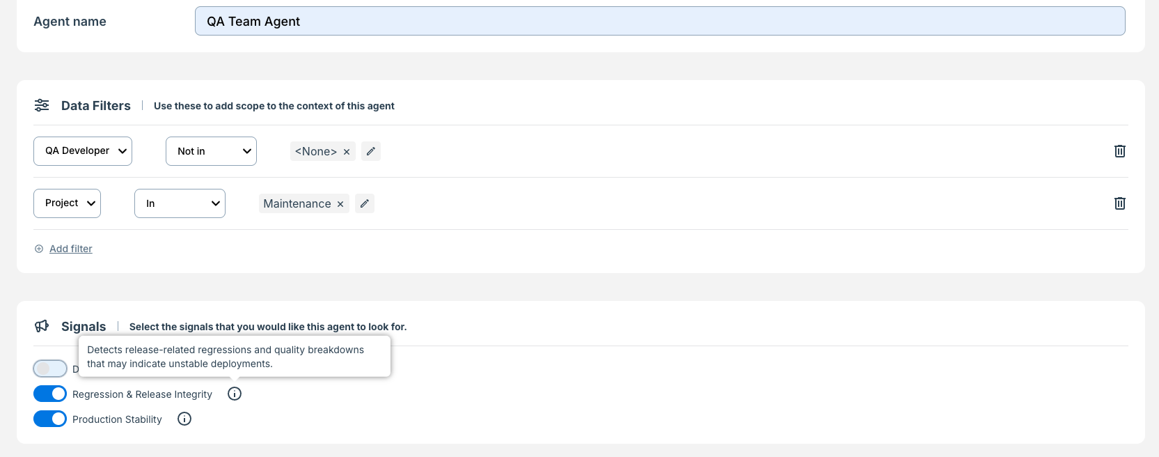 Sample Data Filters and Signal Type selection.