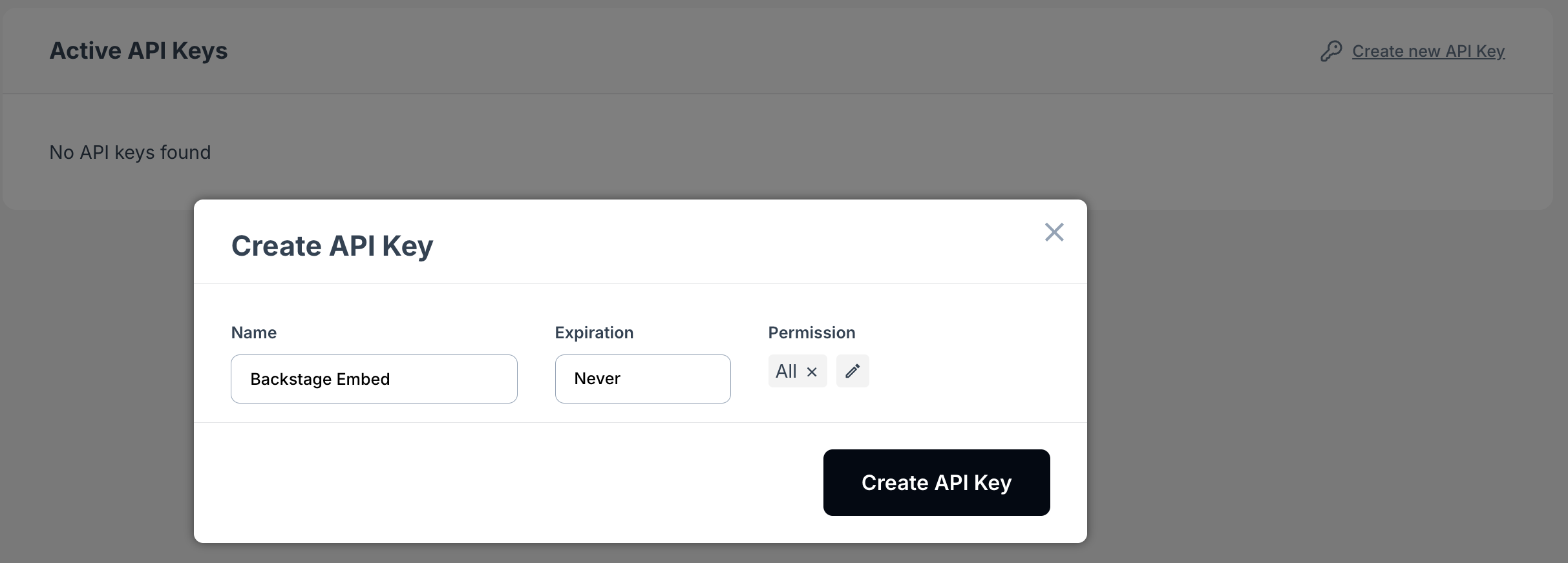 API creation interface.