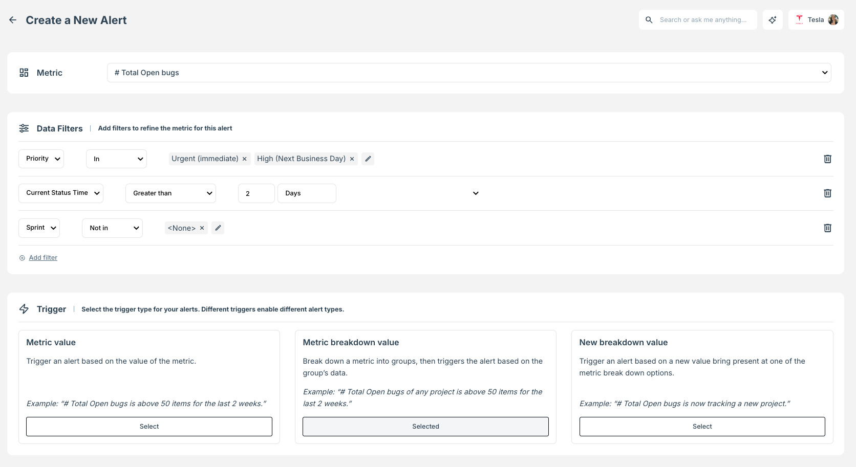 Alert creation interface with metric and filters.