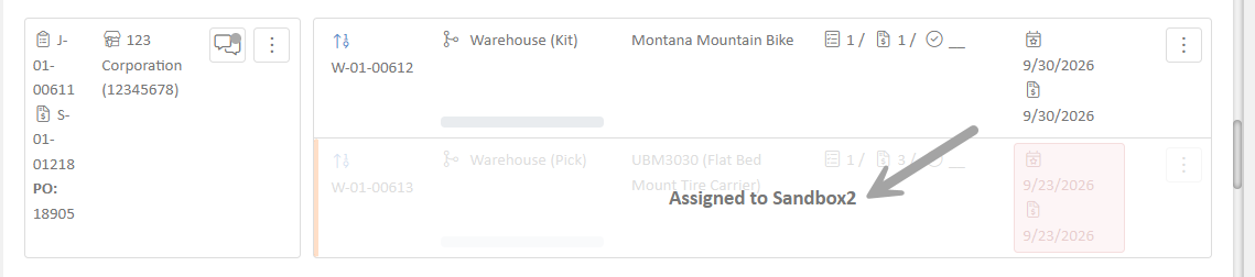 The Job Manager showing an order that spans two divisions, with the other division's portion greyed out.