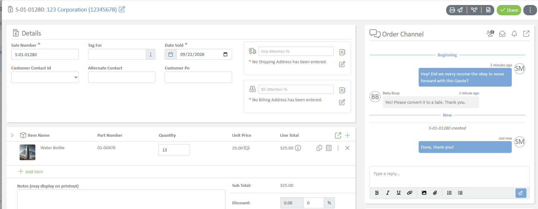 An order with its conversation panel open, showing a short thread of messages.