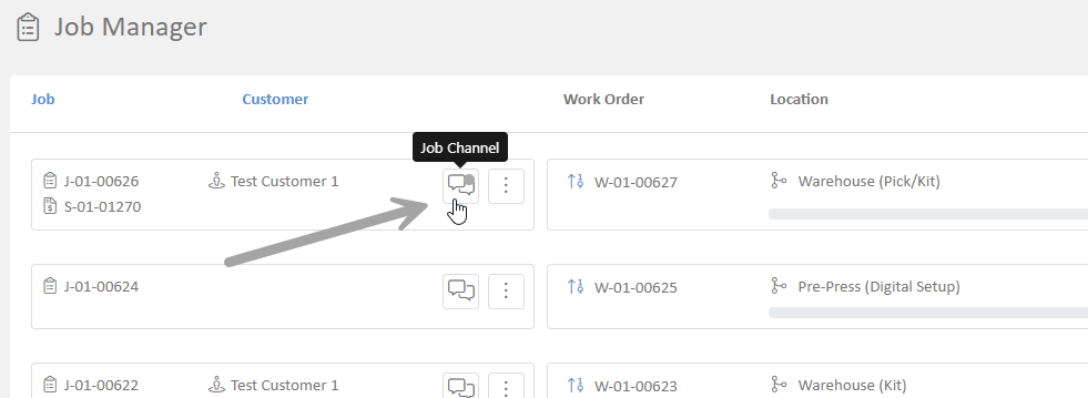 The work orders dialog showing the link through to the job's conversation channel, with its unread marker.