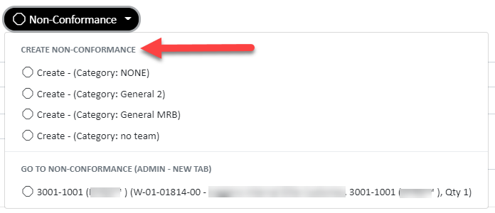 arrow pointing at create non-conformance