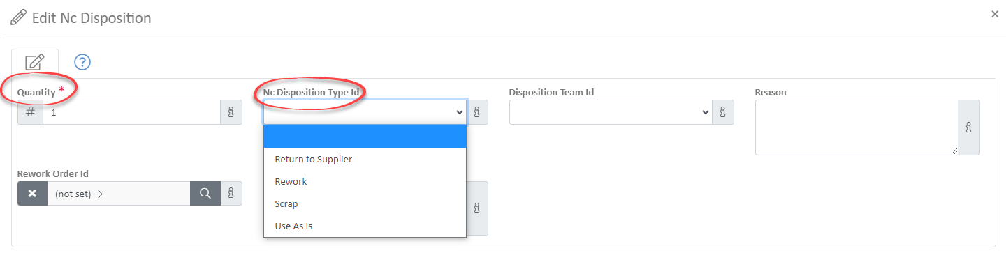 circled quantity and Nc disposition type id