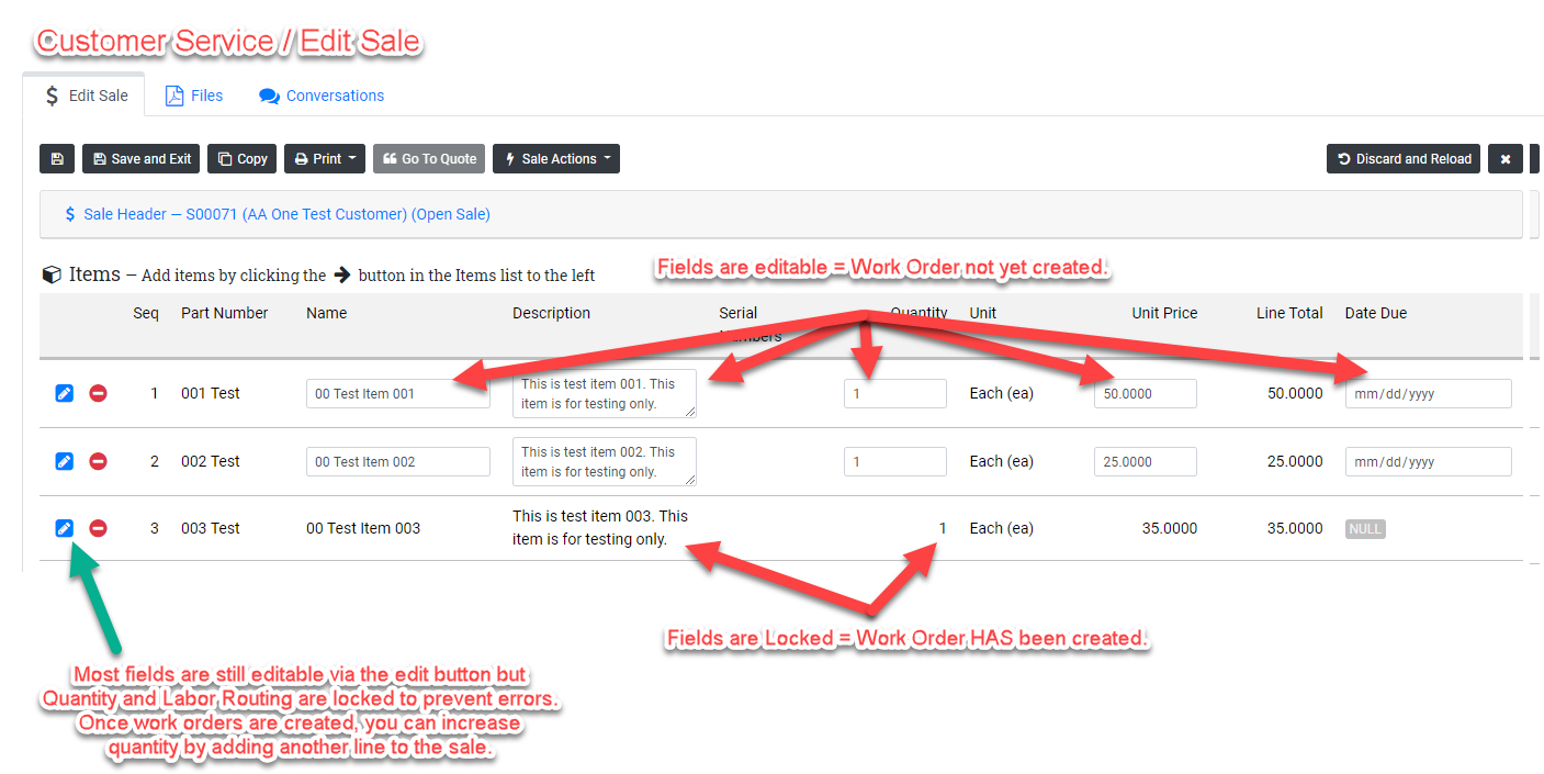 Customer service screen showing that some fields are locked once a work order has been created.