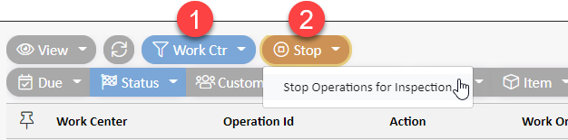 steps 1 and 2 for stopping operations in a work center