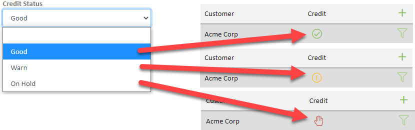 Good, warn, on hold credit symbols