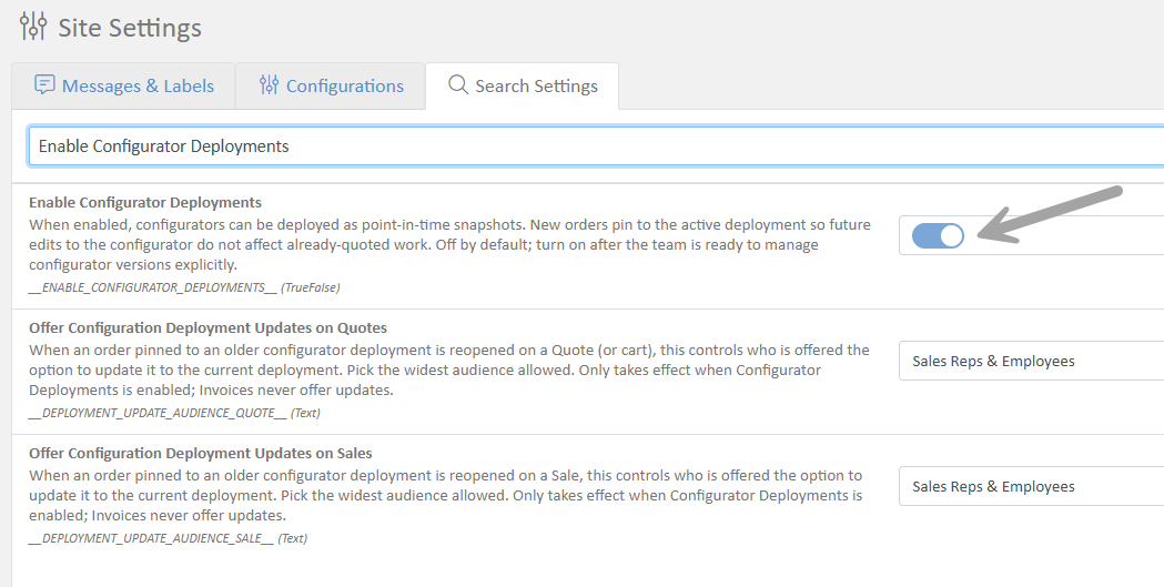 Enable Configurator Deployments switch.