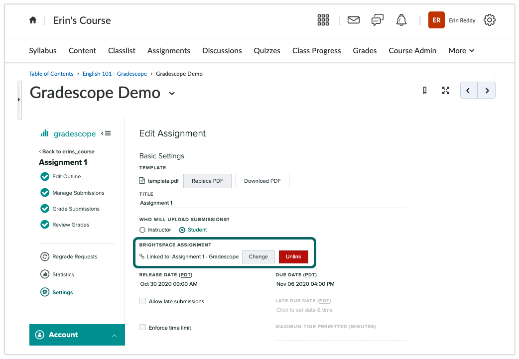 Instructor linking Gradescope assignment in D2L
