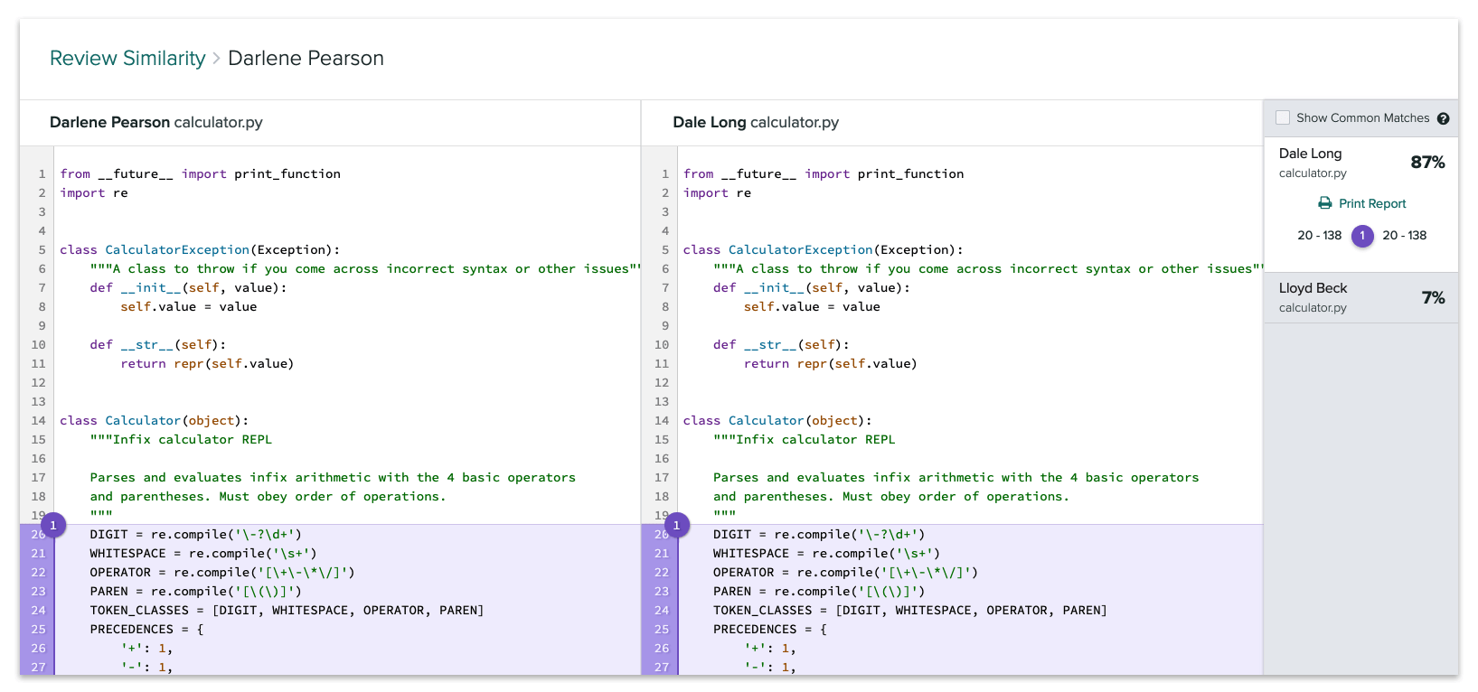 Student-submitted files for a sample submission, each listed along with the file that's most similar to it