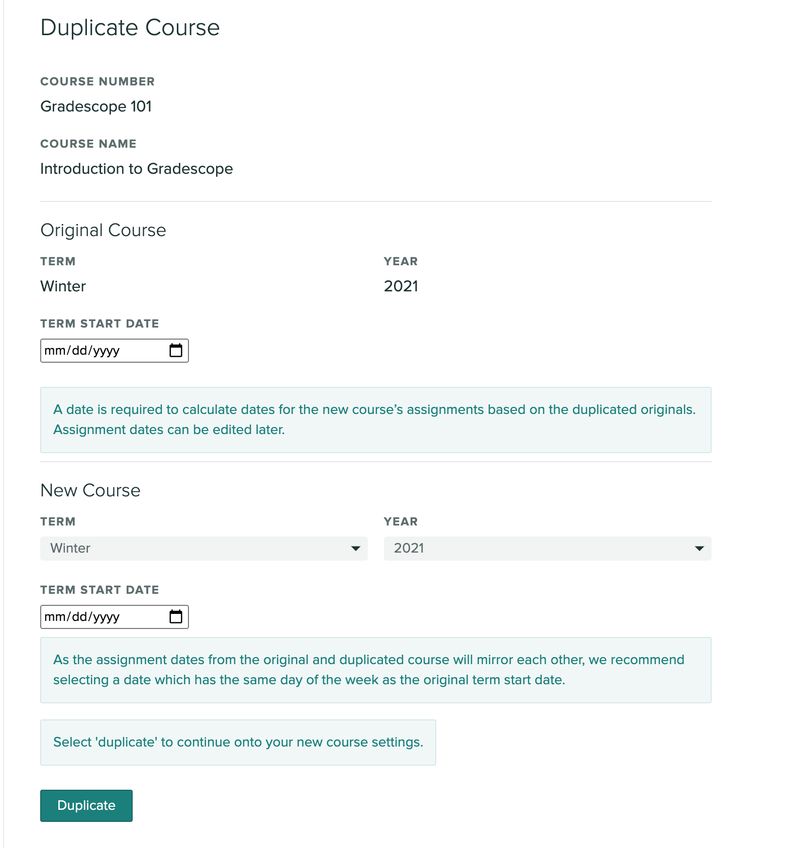 Duplicate course settings