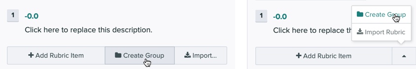 Buttons showing how to create rubric item groups