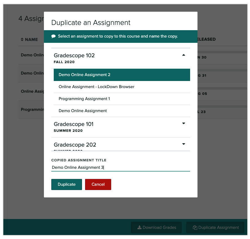 Duplicating assignments dialog box