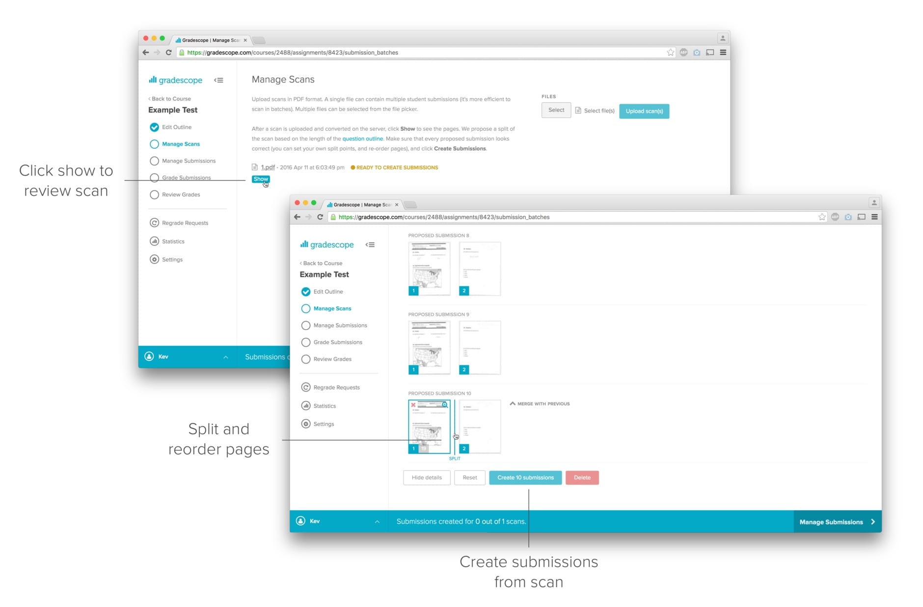 Overview for how to review scans, rearrange pages within the scan, and create submissions from the scan.