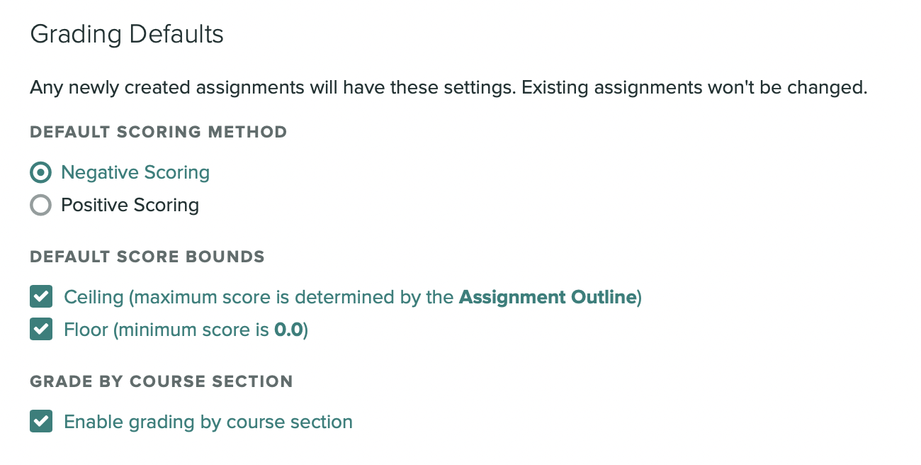 A screen capture of the Grading Defaults section on the Course Settings page. There is the Grade by Section option and the Enable grading by section check box is selected.