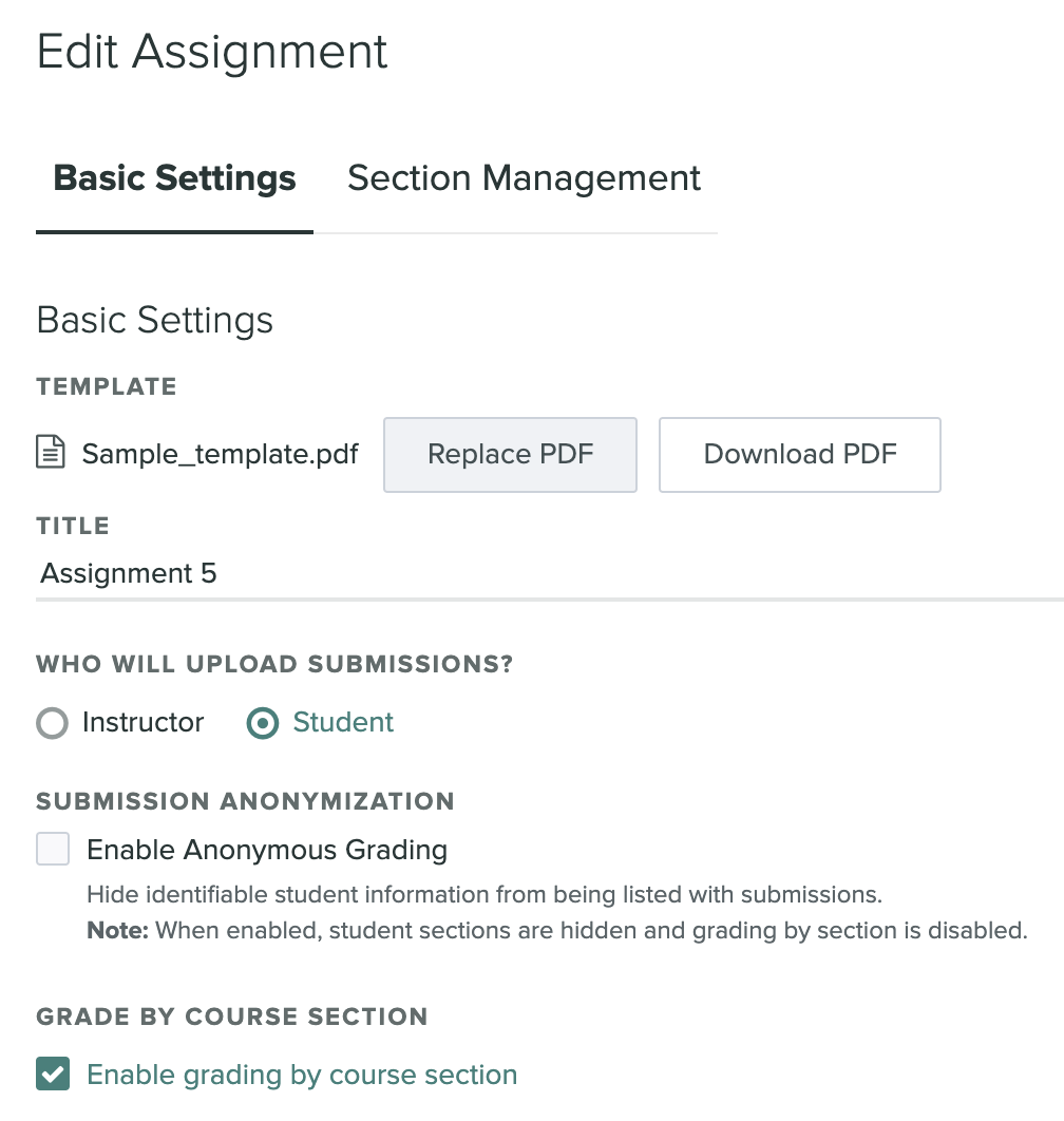 A screen capture of Grading Defaults section on the assignment Setting's page. The Enable grading by course section checkbox is selected.