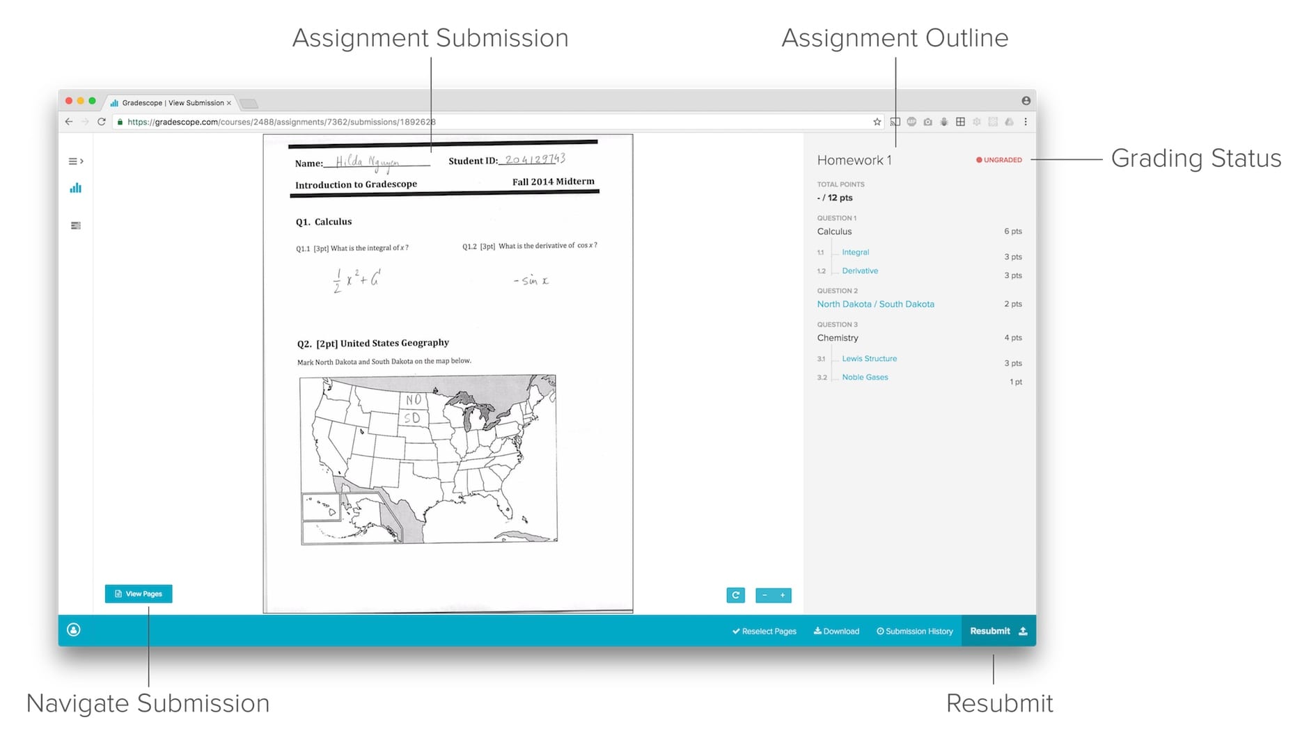 Interface for viewing your submission and the assignment outline before grading