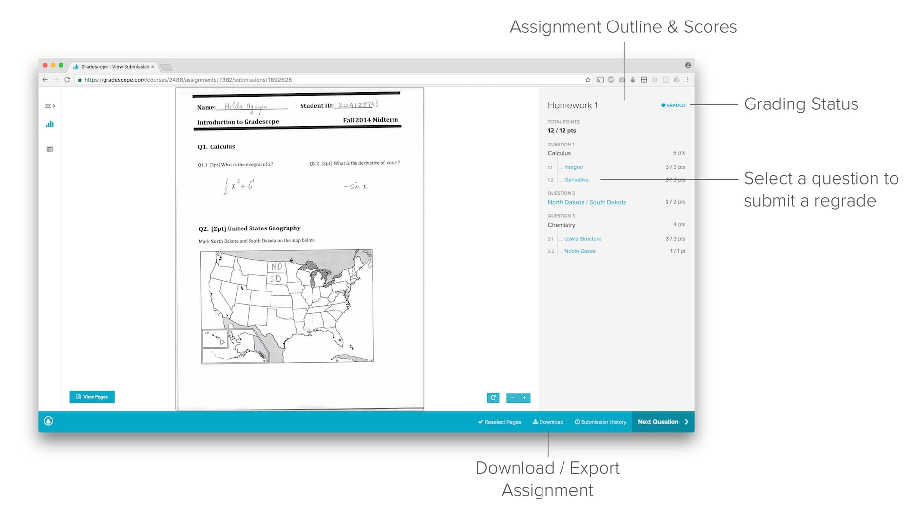 Interface for viewing your submission and the assignment outline after grades are published