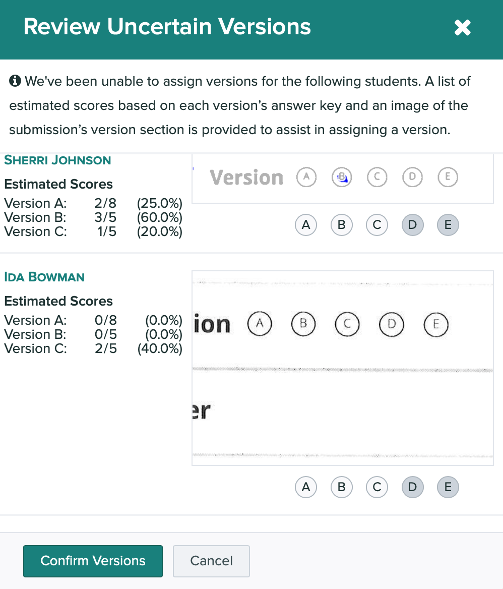 Review uncertain versions modal