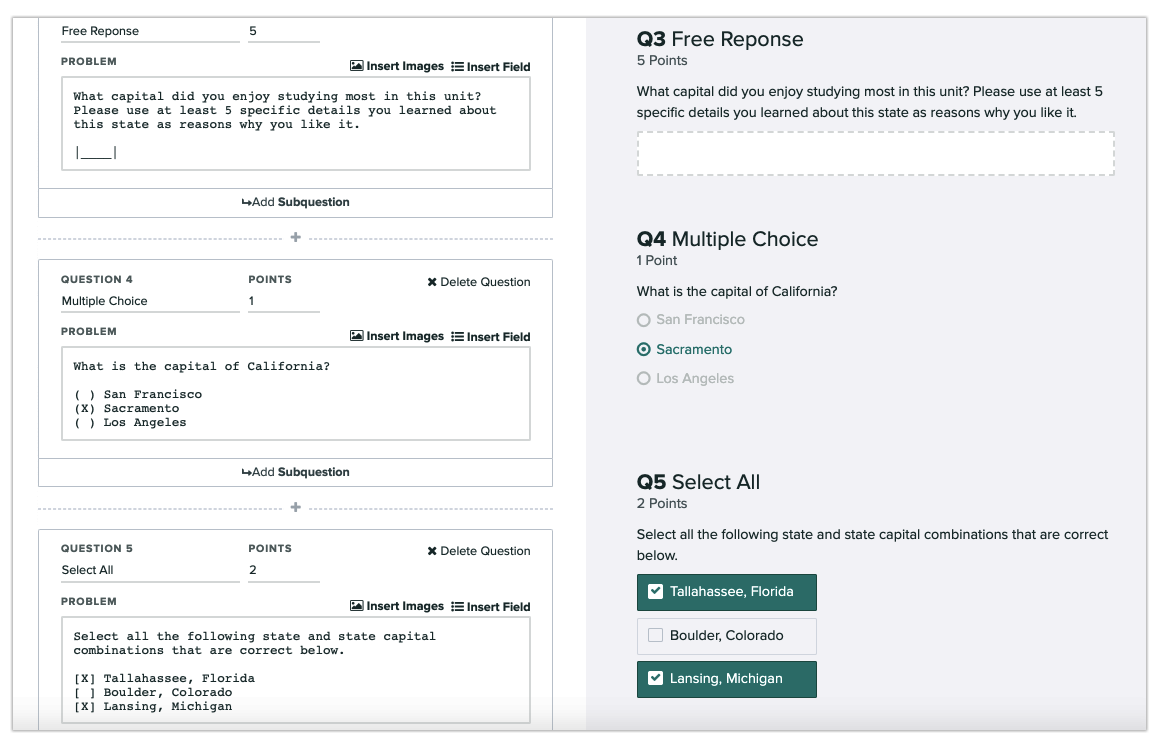 The Edit Outline page for Online Assignments lets you also create multiple choice questions.