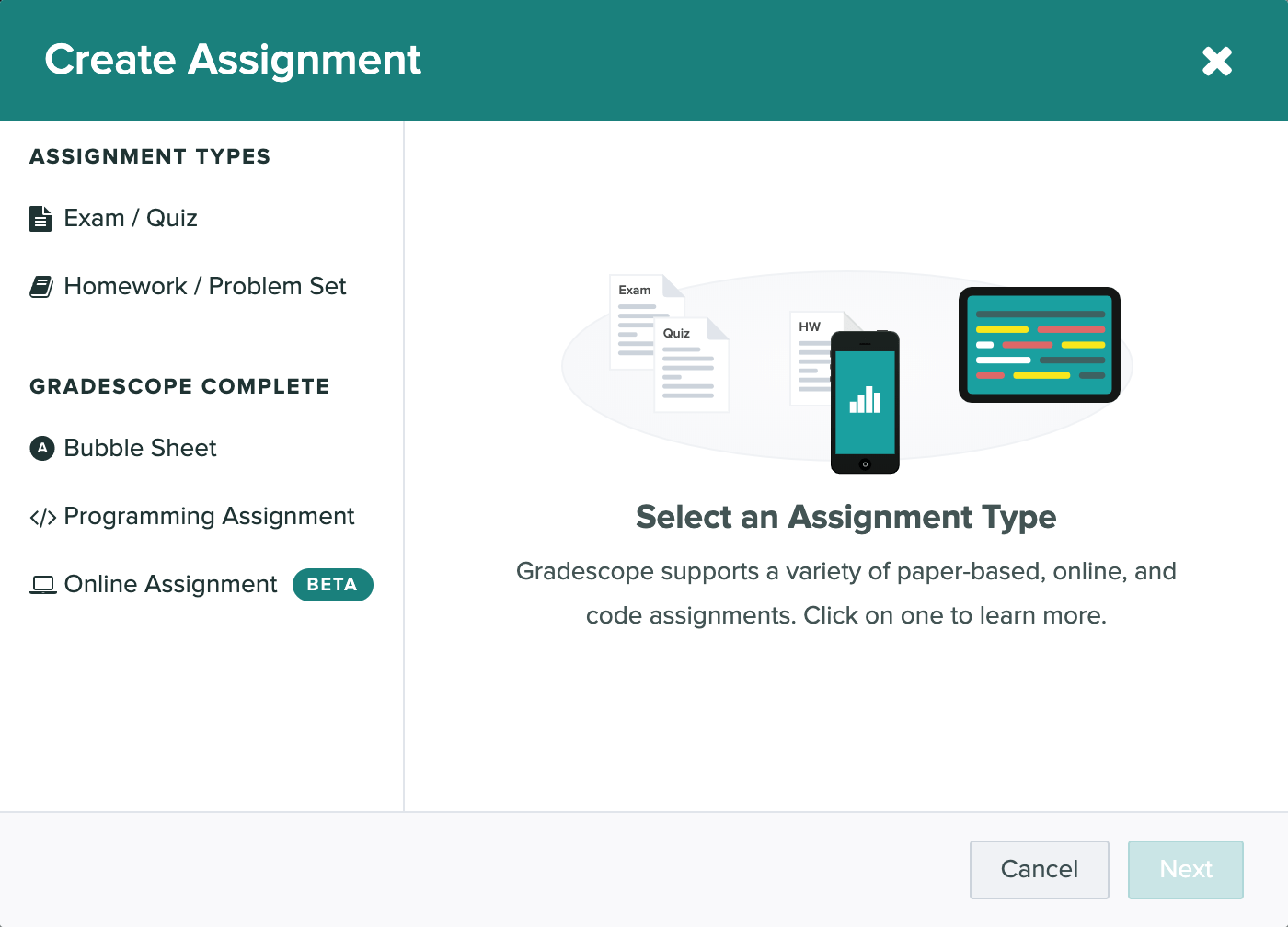 The create assignment modal is open showing the variety of assignments assignment types supported.