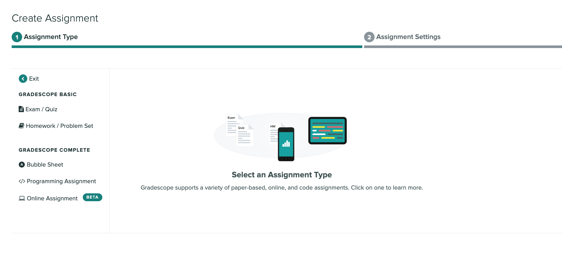 A screen capture of the Create Assignment page that displays all the assignment types to choose and create in Gradescope. 
