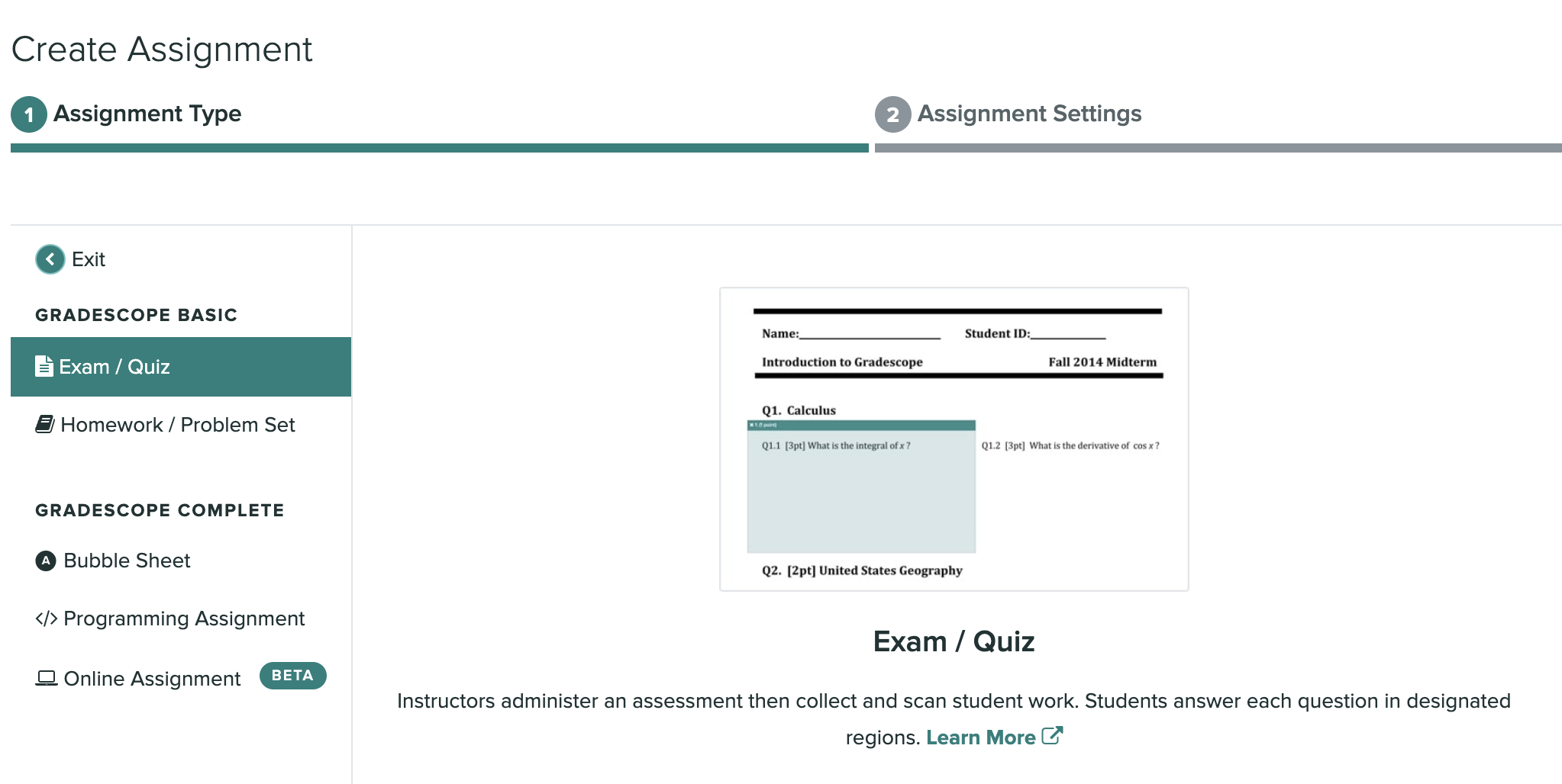 A screen capture of the Exam/Quiz assignment type selected on the Create Assignment page.