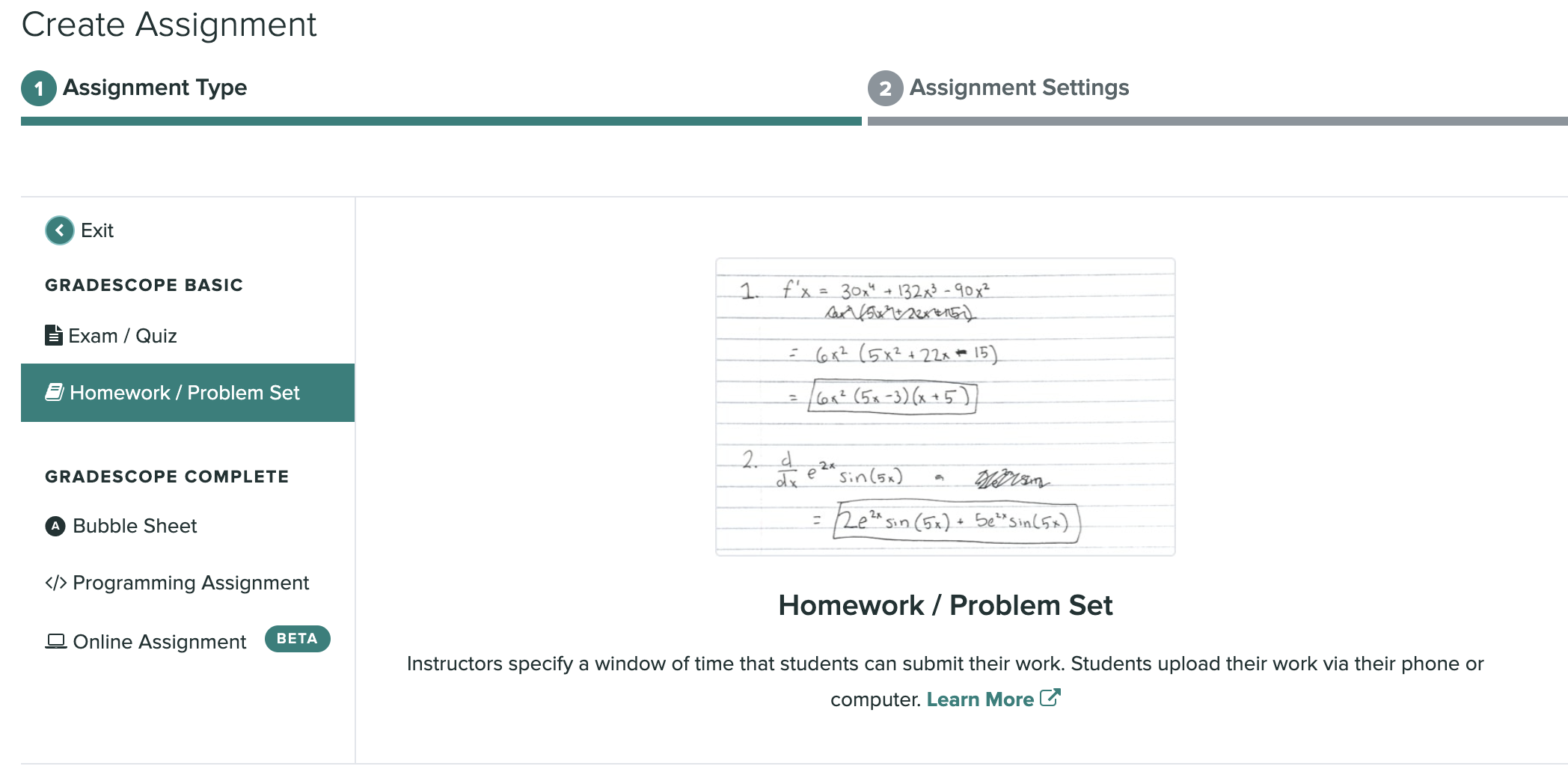 A screen capture of the create assignment page with the homework / problem set option selected.
